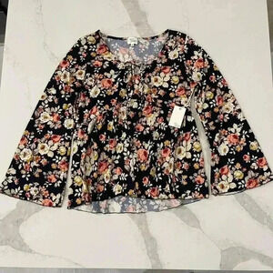Ava James NWT Black Floral Peplum Blouse Womens Medium TieFront Bell Sleeve Boho